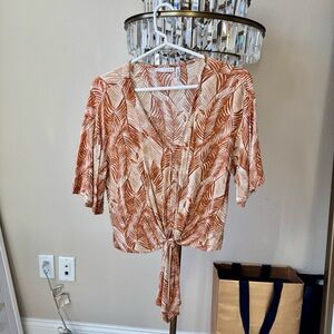 Orange Tie-Front Blouse with V-Neck and 3/4 Sleeves